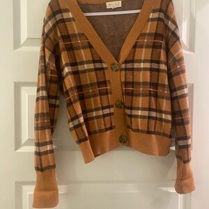 Marled Brown and Tan Plaid Cardigan